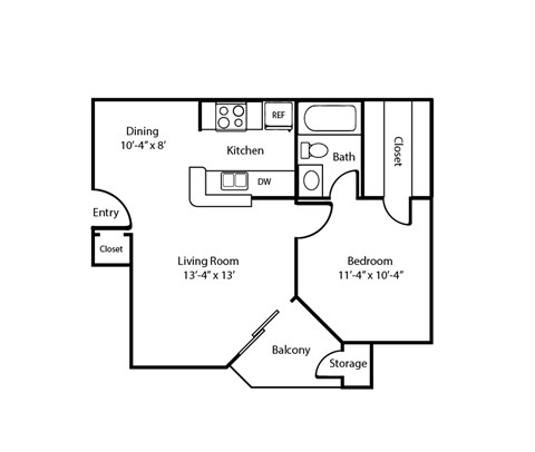 Floor plan for 1 bed, 1 bath, 521 sqft
